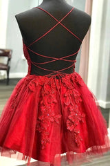 Straps Lace Appliqued Red Short Homecoming Dress cg4200