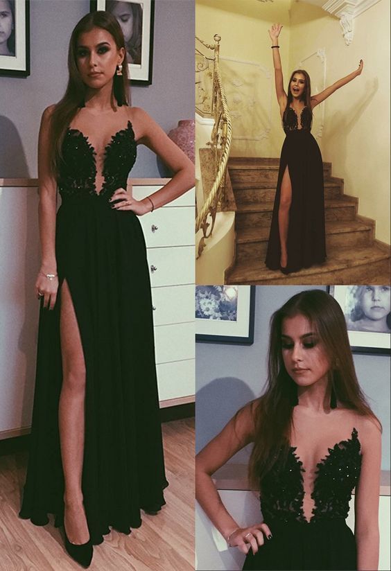 A-Line Chiffon Black Prom Dress with Appliques Beading Split Long Evening Dress  cg469