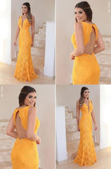 Yellow Lace Prom Dress, V-Neck Long Party Dress, Backless Mermaid Evening Dress   cg5709