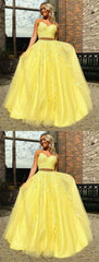 A Line V Neck 2 Pieces Yellow Lace Prom Dresses, Two Pieces Yellow Lace Formal Evening Dresses  cg5860