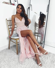 Fantasy V-Neck Pink Tulle Lace Prom Dress,Long Evening Dress   cg6087