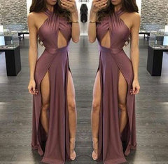 Sexy A Line Prom Dress Halter Sleeveless Side Slit Evening Formal Gowns  cg6256