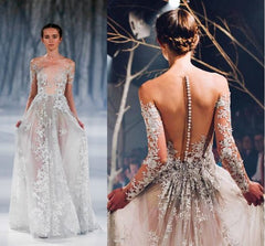 Prom Dress, Long Sleeve Prom Dress, Lace Prom Dress, Sexy See-through Prom Gowns, Evening Dress  cg6566