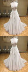 Wh v neck tulle long prom dress, lace evening dress, white lace wedding dress  cg7109