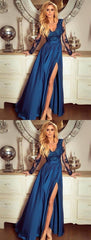 Long Sleeves V Neck Blue Lace Prom Dresses, Long Sleeves Blue Lace Formal Evening Dresses  cg7544
