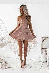 Fancy Lace Party Dress A-Line Spaghetti Straps High Low Blush Lace Homecoming Dress With Ruffles cg85