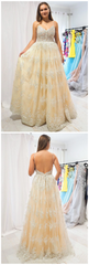 Elegant A-Line Straps Champagne Long Lace Prom Dress with Open Back   cg9291