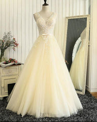 Lace Wedding Dresses, Lovely Light Champagne Tulle Long Lace Prom Dress  cg9479