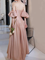 Blush Pink Satin Appliques Prom Dress