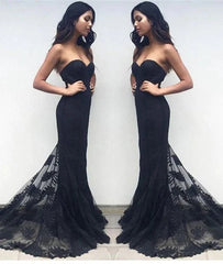 Charming Black Sweetheart Neck Lace Train Long Prom Dresses, Black Evening Dresses, New Arrival Prom Dresses, Mermaid Formal Dresses - RongMoon