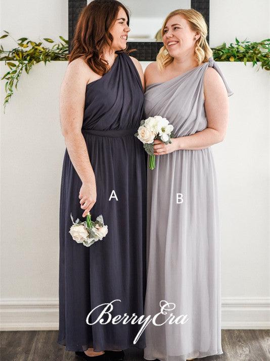 One Shoulder Grey Chiffon Long Bridesmaid Dresses - RongMoon