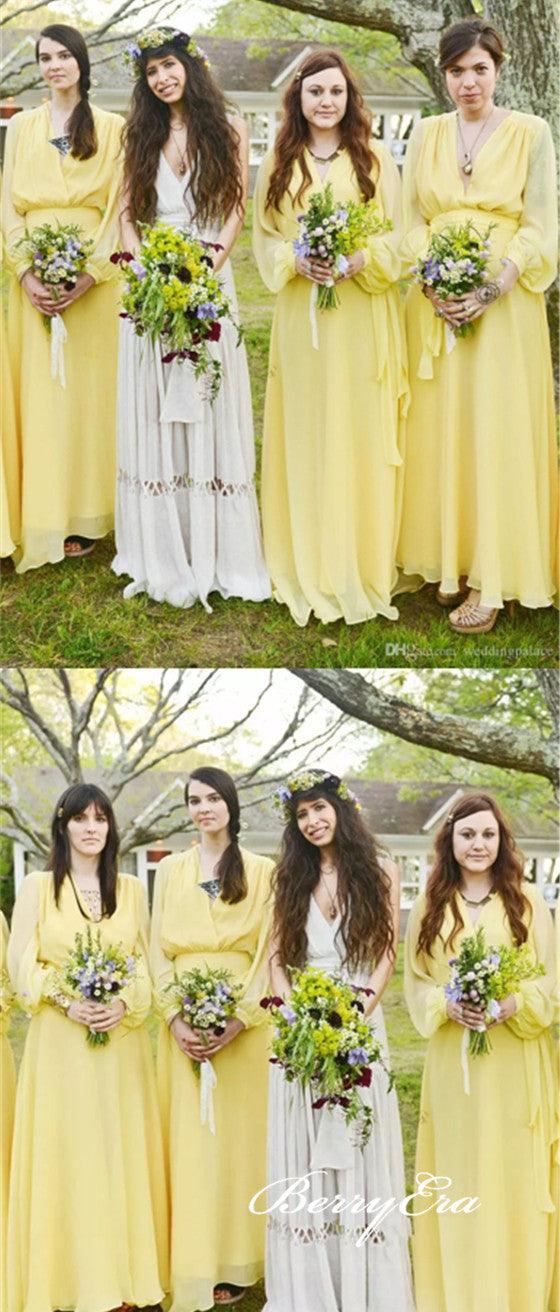 Long Sleeves A-ine Yellow Chiffon Boho Wedding Bridesmaid Dresses - RongMoon