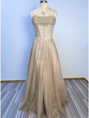 A-Line Prom Dresses Corsets Dress Wedding Party Sweep / Brush Train Sleeveless Spaghetti Strap Tulle with Glitter Pleats