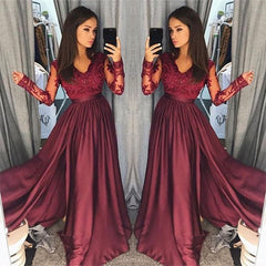 Burgundy A-Line V-Neck Lace Top Long Prom Dresses with Long Sleeves