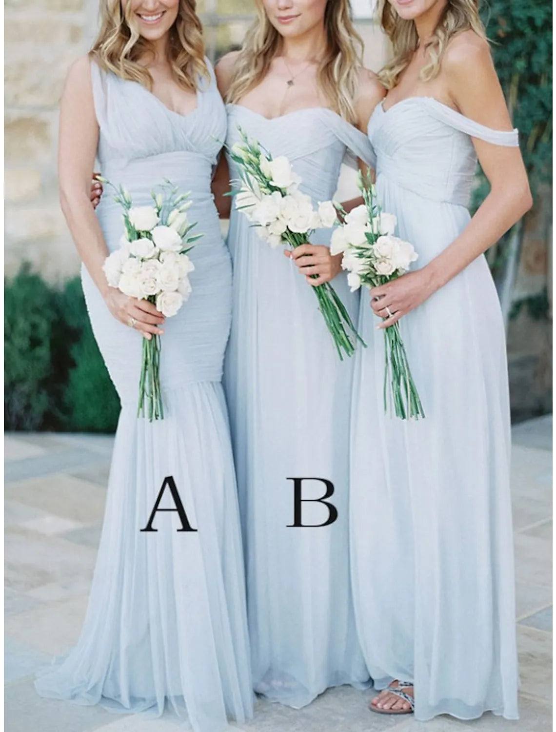Mermaid / Trumpet / Sheath / Column Bridesmaid Dress V Neck / Off Shoulder Sleeveless Beautiful Back Floor Length Chiffon with Pleats / Solid Color - RongMoon