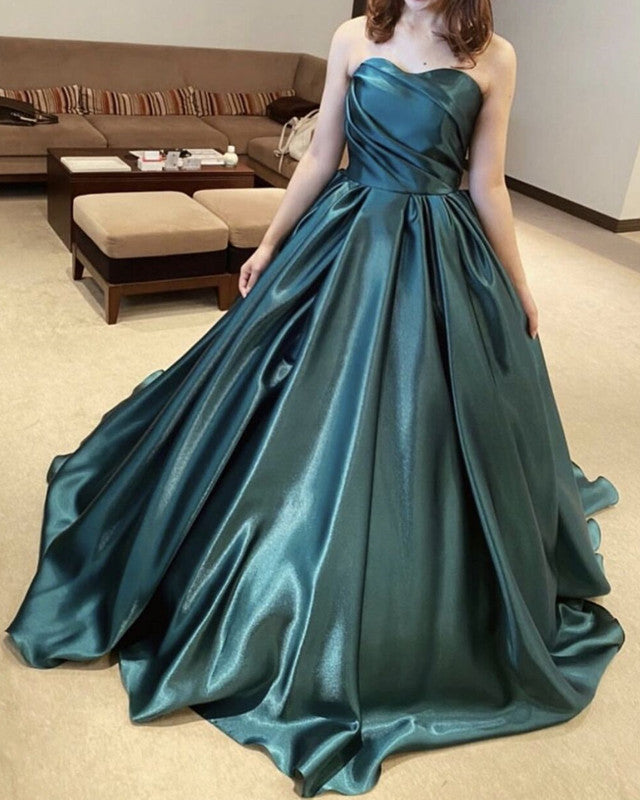Ball Gown Ruched Sweetheart Sweep Train Satin Dresses