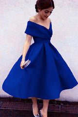 Vintage A-line Cap Sleeves Satin Tea Length Prom Dress