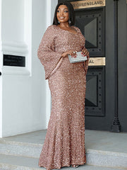 Mermaid / Trumpet Wedding Guest Dresses Plus Size Dress Cocktail Party Floor Length Long Sleeve Scoop Neck Sequined with Glitter