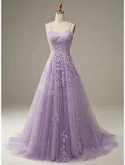A-Line Prom Dresses Floral Dress Formal Chapel Train Sleeveless Spaghetti Strap Tulle with Appliques