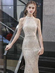 Mermaid / Trumpet Sparkle Prom Dress Bodycon Engagement Formal Evening Dress Halter Neck Sleeveless Floor Length Sequined with Beads Tassel