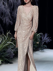Gold Long Sleeve Sequin Prom Dress With Slit