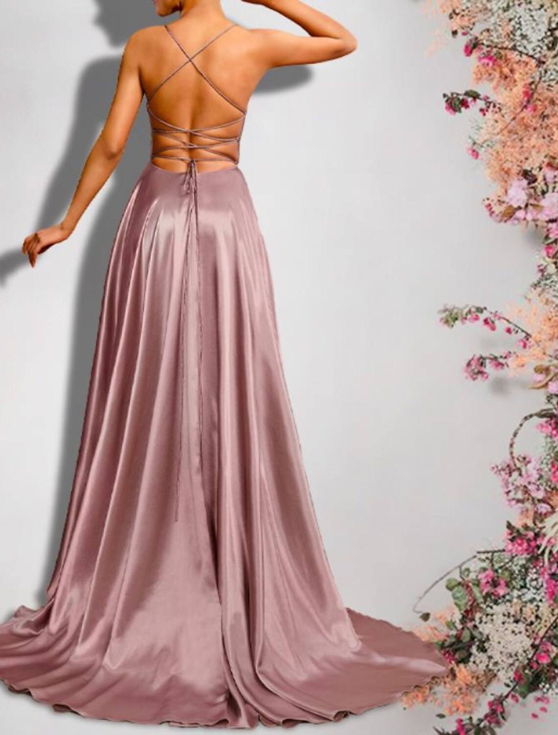 A-Line Bridesmaid Dress V Neck Sleeveless Sexy Sweep / Brush Train Satin with Pleats / Bandage - RongMoon