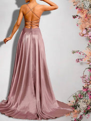A-Line Bridesmaid Dress V Neck Sleeveless Sexy Sweep / Brush Train Satin with Pleats / Bandage - RongMoon