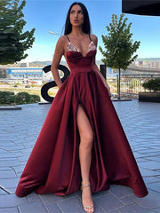 Blue Beading Spaghetti Strap Satin Prom Dress