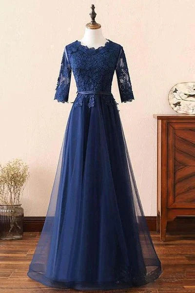 Custom Made Long Sleeves Navy Blue Lace Prom Dress, Long Sleeves Lace Bridesmaid Dress, Long Sleeves Navy Blue Lace Formal Graduation Evening Dress - RongMoon