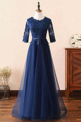 Custom Made Long Sleeves Navy Blue Lace Prom Dress, Long Sleeves Lace Bridesmaid Dress, Long Sleeves Navy Blue Lace Formal Graduation Evening Dress - RongMoon