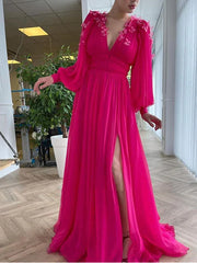 Long Sleeve Butterfly Pink Chiffon Prom Dress