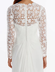 Beach Boho Wedding Dresses Sheath / Column V Neck Long Sleeve Sweep / Brush Train Chiffon Bridal Gowns With Lace Buttons
