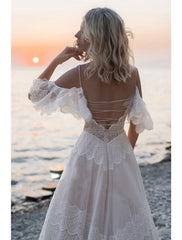 Beach Open Back Boho Wedding Dresses A-Line Off Shoulder Camisole Spaghetti Strap Sweep / Brush Train Lace Bridal Gowns With Lace