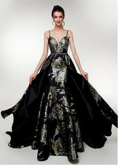 Spaghetti Straps Long Print Black A-line Prom Dress