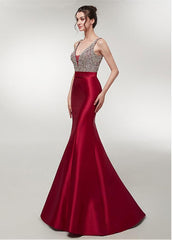 Satin V-neck Wine Red Mermaid Evening Dress