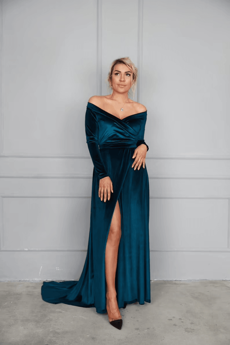 Dark Teal Velvet Dress with Train, off Shoulder Velvet Dress, Velvet Maxi Dress, Bridesmaid Gown with train, Velvet Bridesmaid Dress, - RongMoon