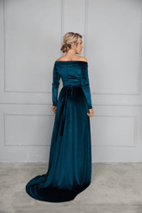 Dark Teal Velvet Dress with Train, off Shoulder Velvet Dress, Velvet Maxi Dress, Bridesmaid Gown with train, Velvet Bridesmaid Dress, - RongMoon