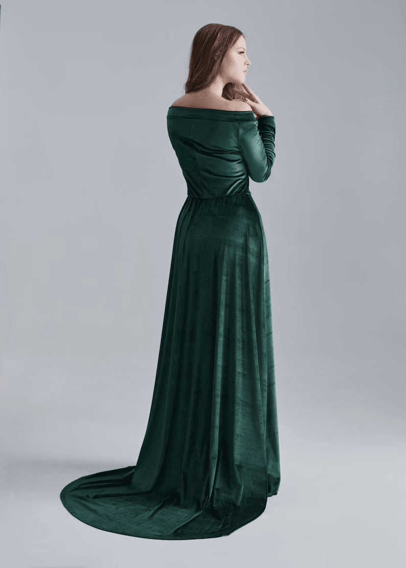 Dark Teal Velvet Dress with Train, off Shoulder Velvet Dress, Velvet Maxi Dress, Bridesmaid Gown with train, Velvet Bridesmaid Dress, - RongMoon