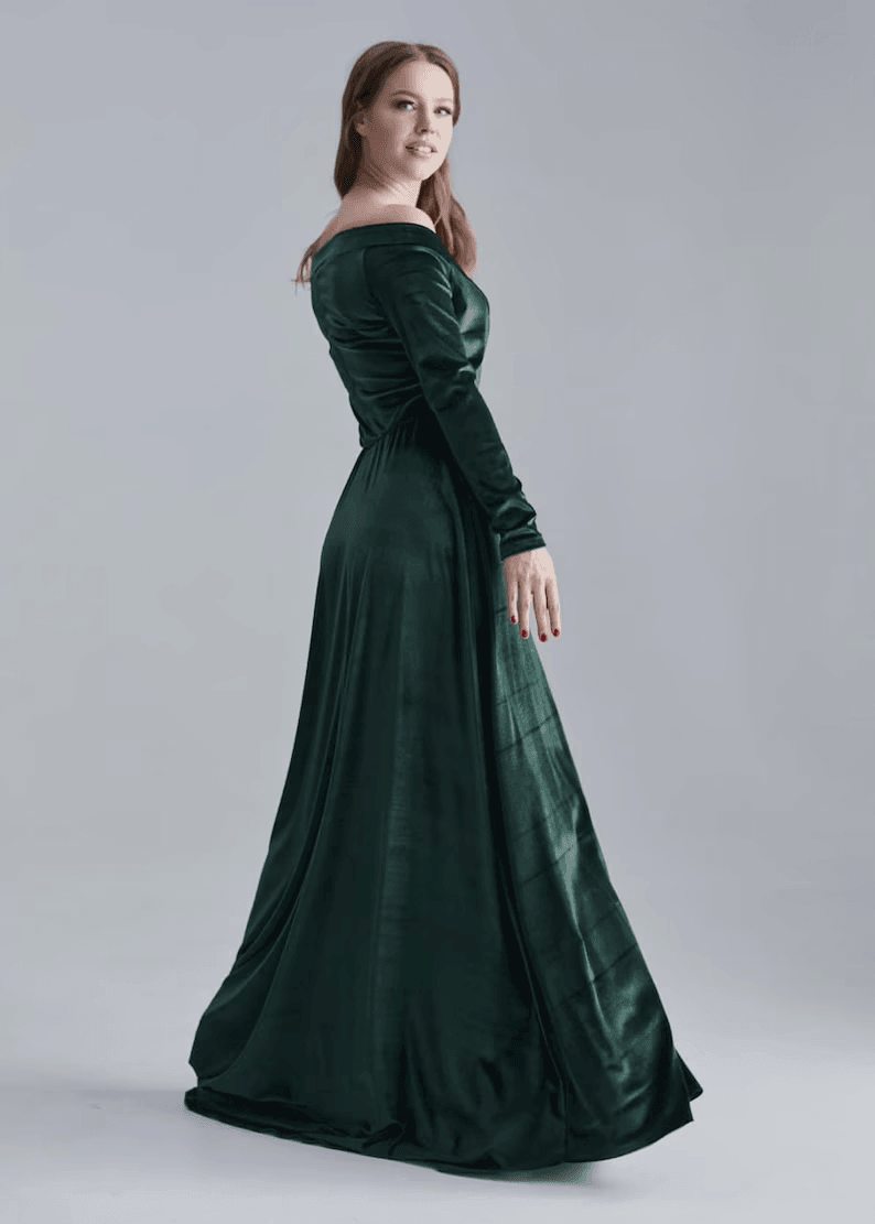 Dark Teal Velvet Dress with Train, off Shoulder Velvet Dress, Velvet Maxi Dress, Bridesmaid Gown with train, Velvet Bridesmaid Dress, - RongMoon