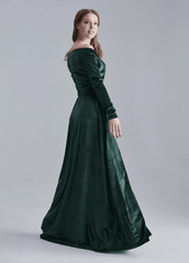 Dark Teal Velvet Dress with Train, off Shoulder Velvet Dress, Velvet Maxi Dress, Bridesmaid Gown with train, Velvet Bridesmaid Dress, - RongMoon
