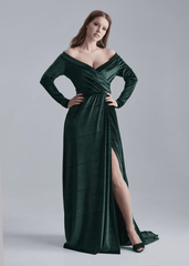 Dark Teal Velvet Dress with Train, off Shoulder Velvet Dress, Velvet Maxi Dress, Bridesmaid Gown with train, Velvet Bridesmaid Dress, - RongMoon
