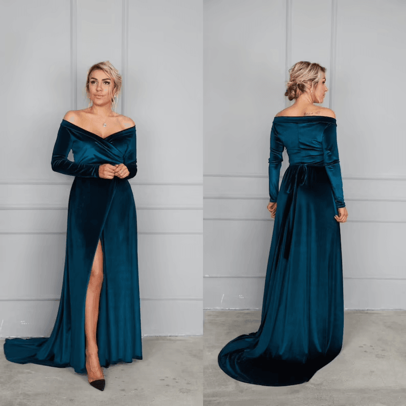 Dark Teal Velvet Dress with Train, off Shoulder Velvet Dress, Velvet Maxi Dress, Bridesmaid Gown with train, Velvet Bridesmaid Dress, - RongMoon