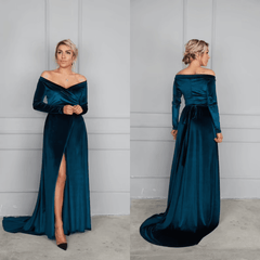 Dark Teal Velvet Dress with Train, off Shoulder Velvet Dress, Velvet Maxi Dress, Bridesmaid Gown with train, Velvet Bridesmaid Dress, - RongMoon