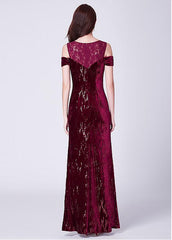 Burgundy Fleece V-neck Sequin Mermaid Evening Dress