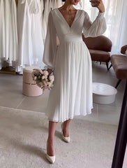 V Neck Tea Length Chiffon Long SleeveWedding Dress