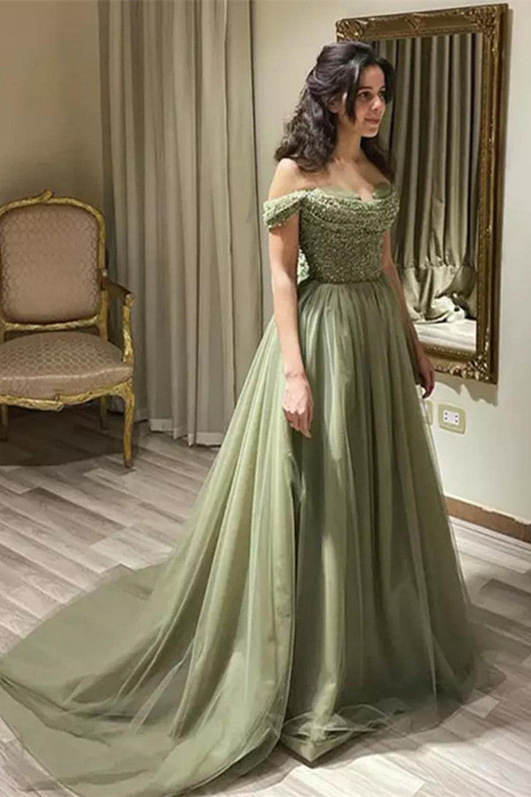 Sage Long Tulle Off The Shoulder Beading Prom Dress