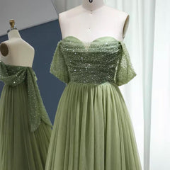 Sage Long Tulle Off The Shoulder Beading Prom Dress