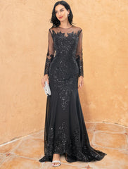 Mermaid Black Dress Plus Size Evening Gown Elegant Dress Formal Halloween Sweep / Brush Train Long Sleeve Jewel Neck Lace with Beading Embroidery