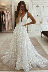 A Line Deep V Neck Slit Wedding Dress With Flowers