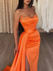 Gold Satin Beading Sweetheart Mermaid Prom Dress With Split